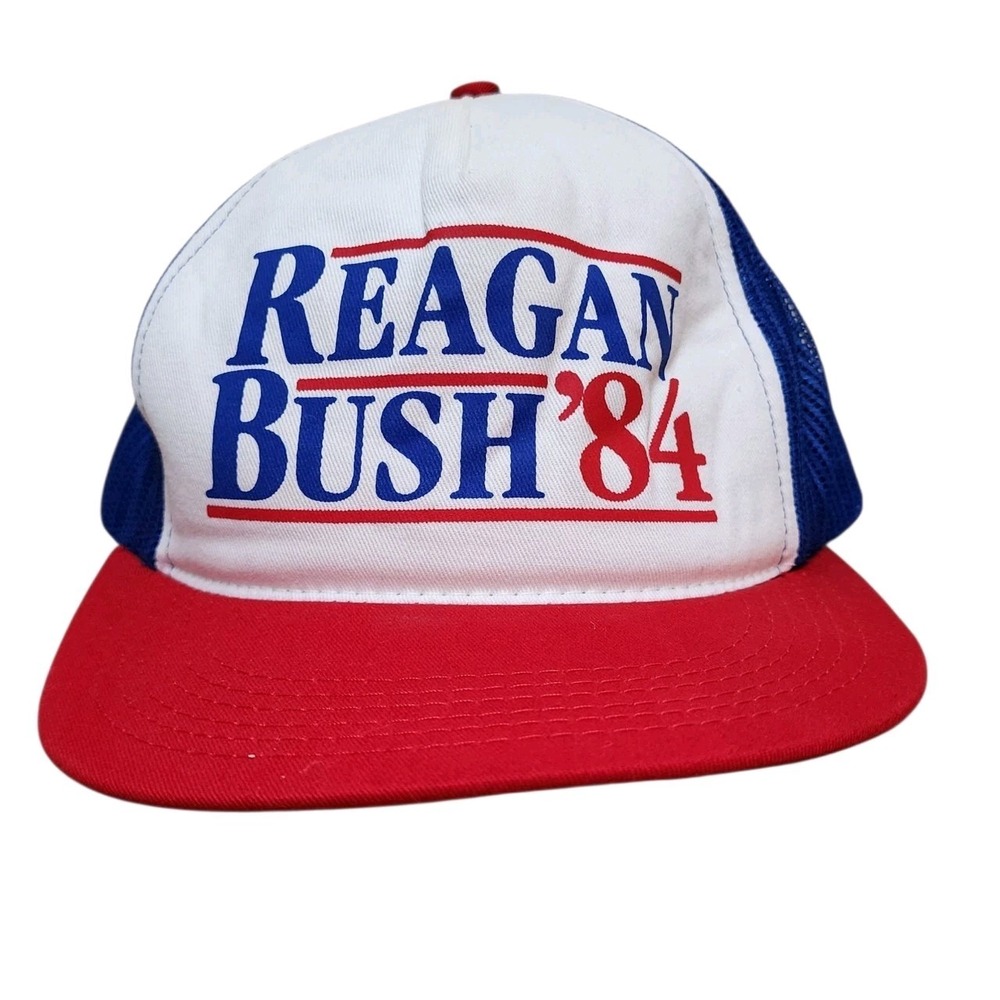 Retro Reagan Bush '84 Red White Blue Mesh Adjustable Trucker Hat Made In USA